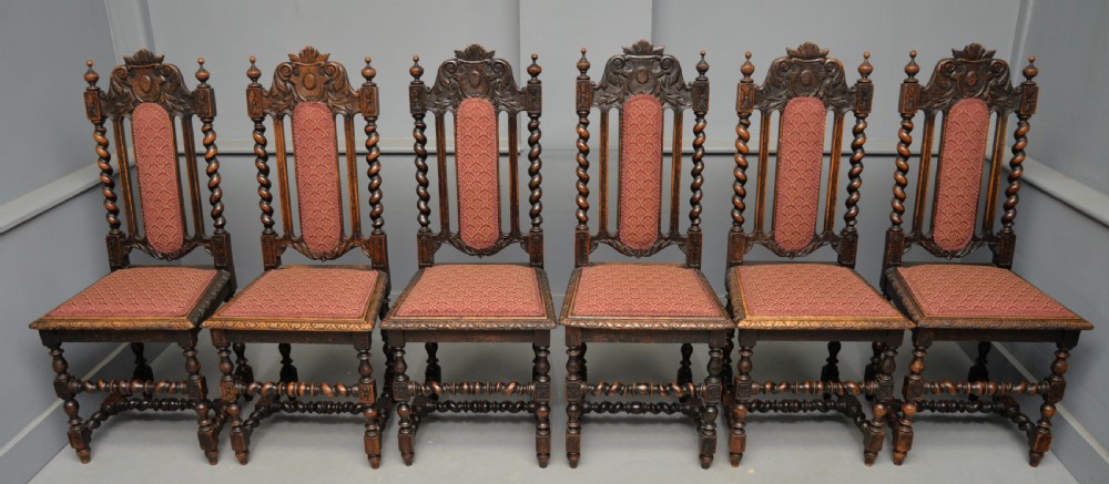 Set Of Six Carolean / Jacobean Style Carved Oak Dining Chairs View XV