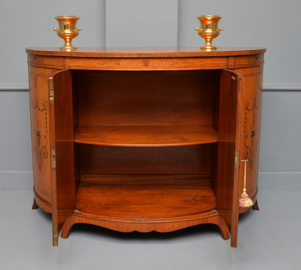 George III Style Satinwood Inlaid Demi Lune Commode Cabinet-Cowtan & Sons London View III