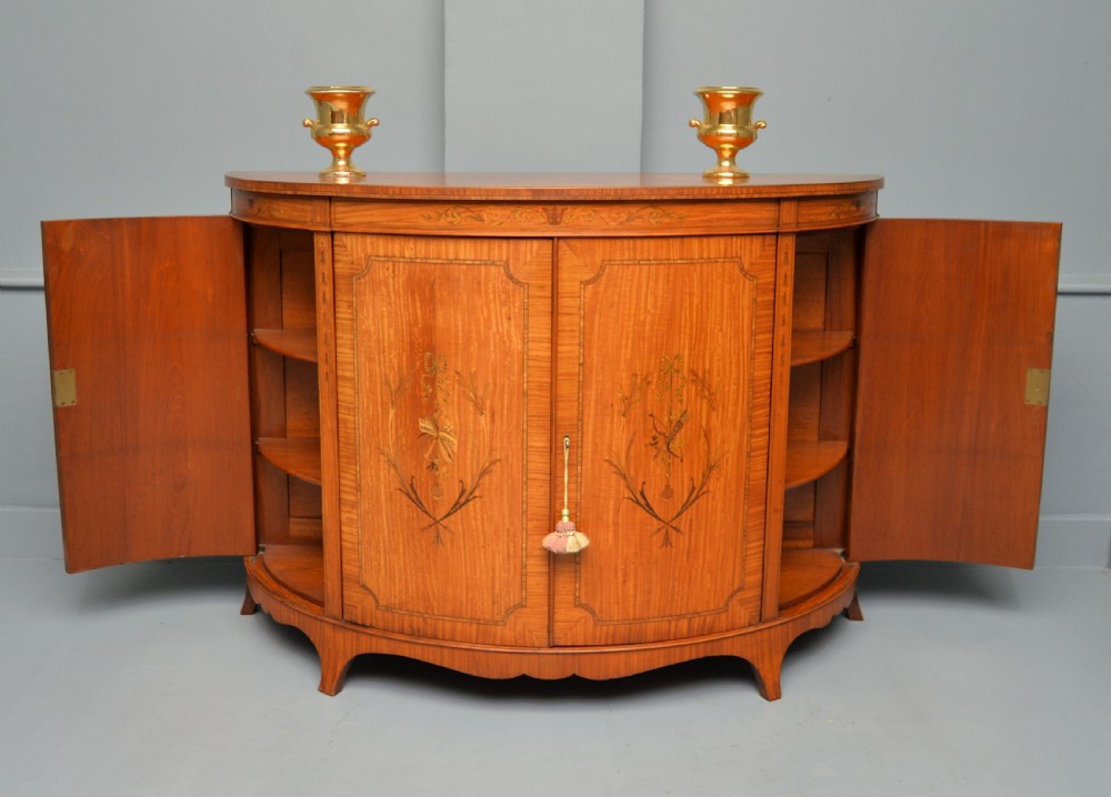 George III Style Satinwood Inlaid Demi Lune Commode Cabinet-Cowtan & Sons London View VI