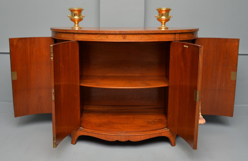 George III Style Satinwood Inlaid Demi Lune Commode Cabinet-Cowtan & Sons London View VII