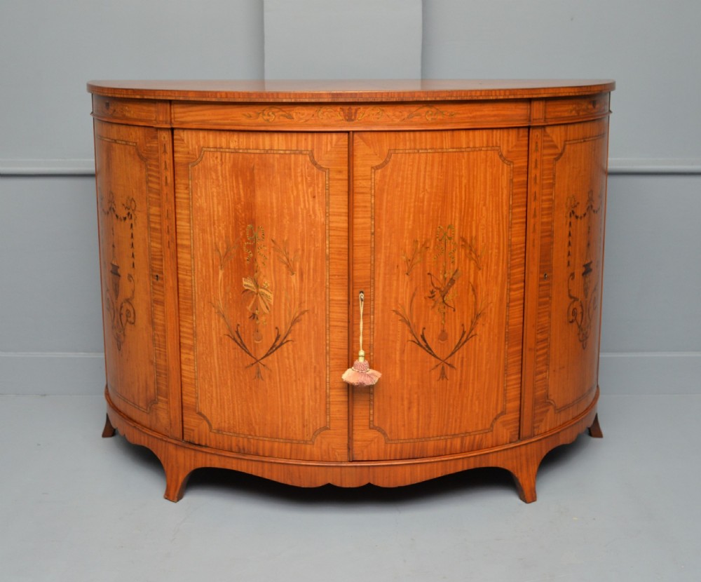 George III Style Satinwood Inlaid Demi Lune Commode Cabinet-Cowtan & Sons London View VIII