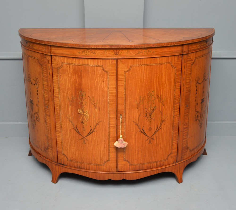 George III Style Satinwood Inlaid Demi Lune Commode Cabinet-Cowtan & Sons London View X