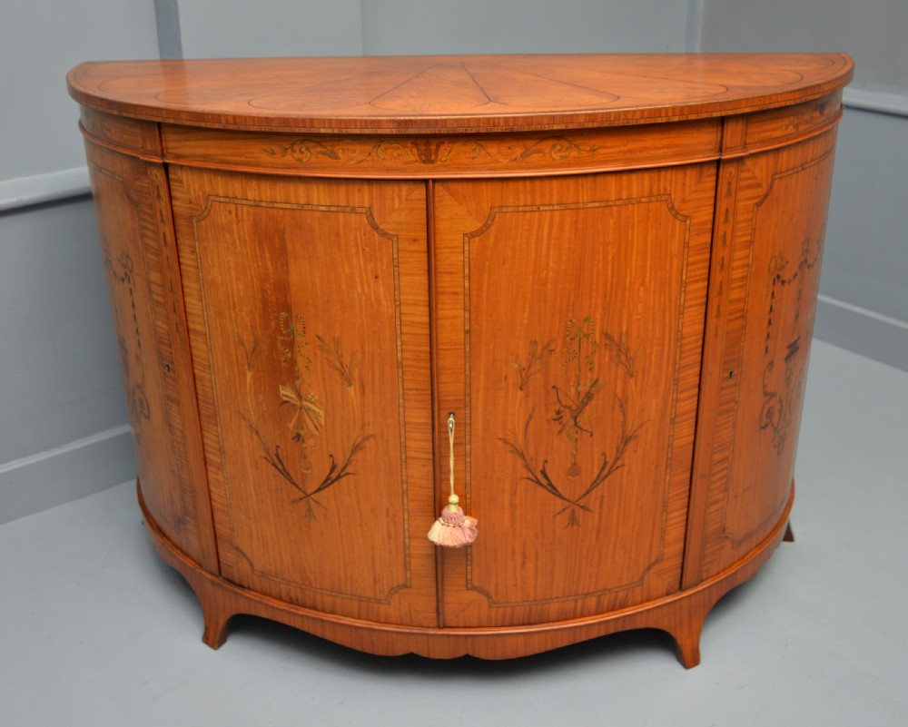 George III Style Satinwood Inlaid Demi Lune Commode Cabinet-Cowtan & Sons London View XIX