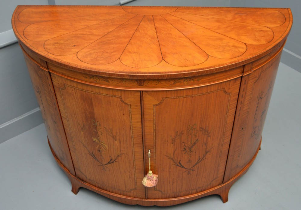 George III Style Satinwood Inlaid Demi Lune Commode Cabinet-Cowtan & Sons London View XX
