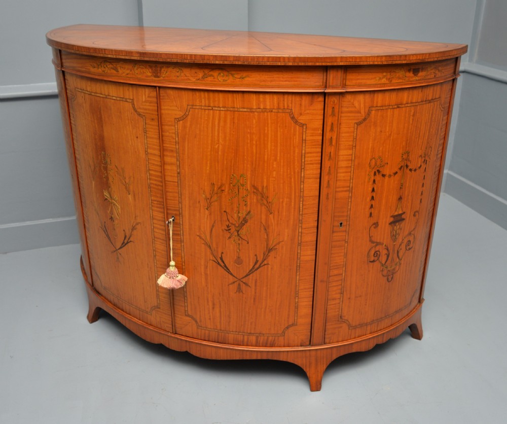 George III Style Satinwood Inlaid Demi Lune Commode Cabinet-Cowtan & Sons London View XXII