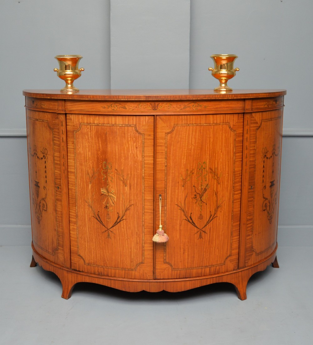 George III Style Satinwood Inlaid Demi Lune Commode Cabinet-Cowtan & Sons London View XXVI