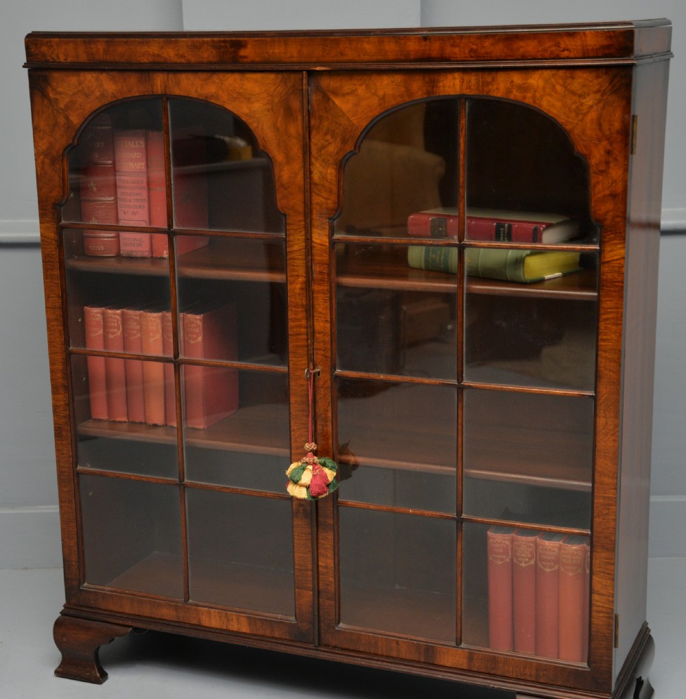 1920`s Queen Anne Style Walnut Glazed Bookcase View X
