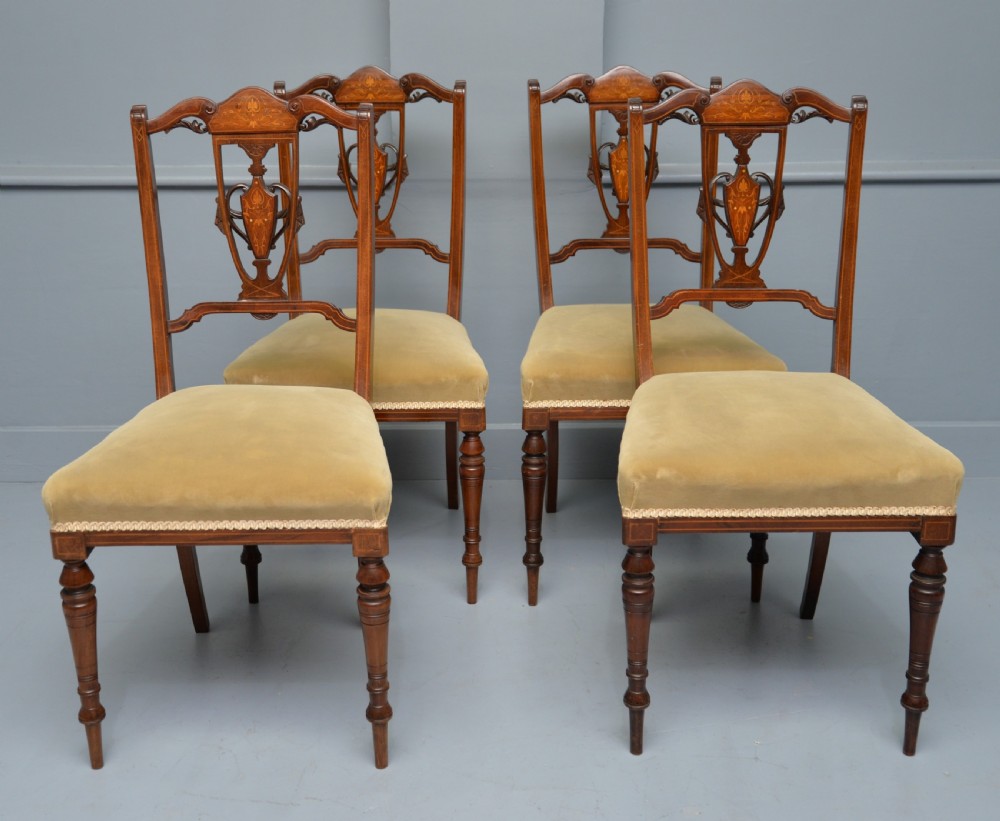 Elegant Set Of Four Edwardian Mahogany & Marquetry Dining Chairs