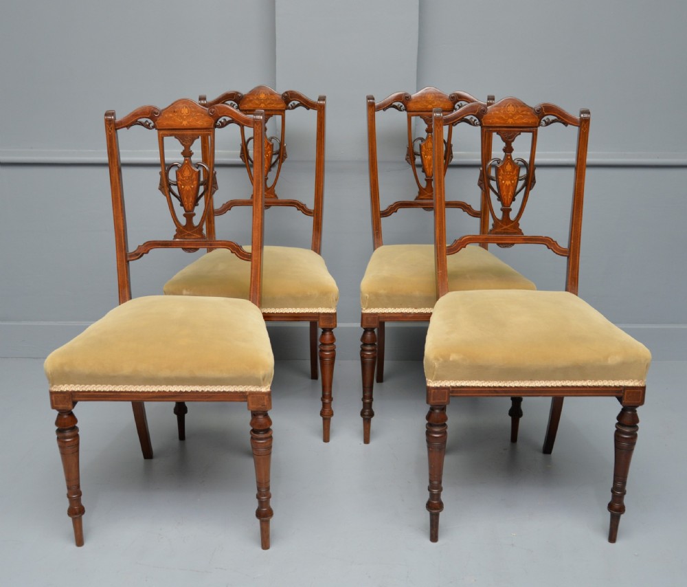 Elegant Set Of Four Edwardian Mahogany & Marquetry Dining Chairs View II