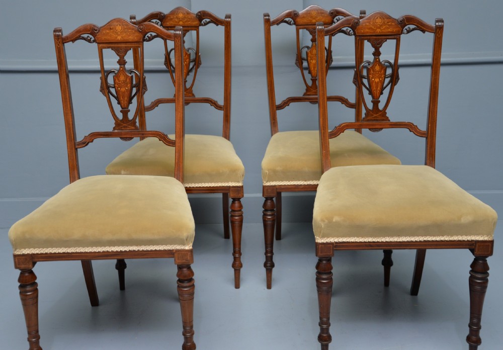 Elegant Set Of Four Edwardian Mahogany & Marquetry Dining Chairs View III
