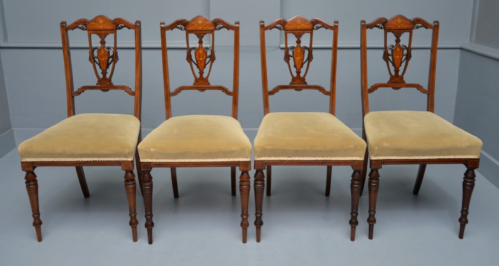 Elegant Set Of Four Edwardian Mahogany & Marquetry Dining Chairs View IV