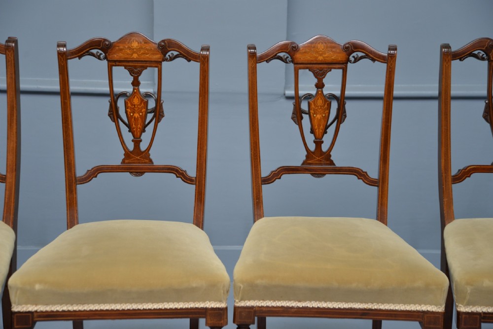 Elegant Set Of Four Edwardian Mahogany & Marquetry Dining Chairs View V