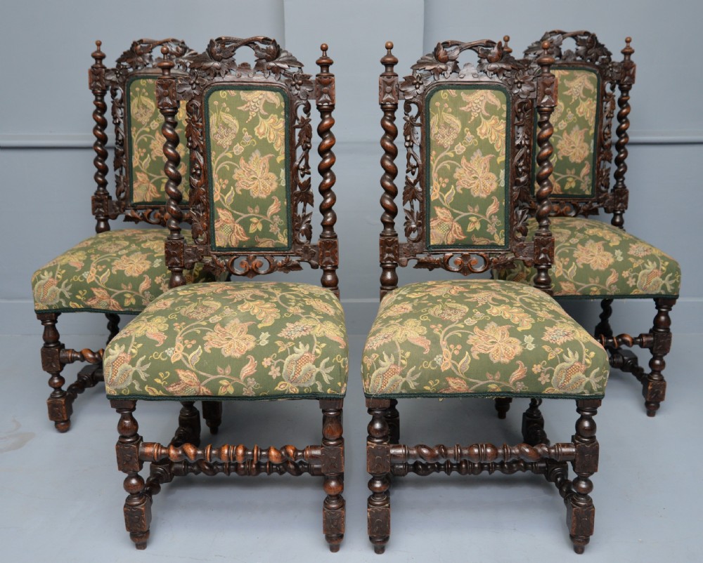 Set Of Four Carolean / Jacobean Style Carved Oak Dining Chairs