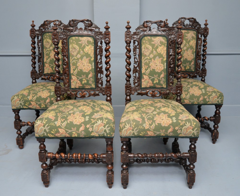 Set Of Four Carolean / Jacobean Style Carved Oak Dining Chairs View II