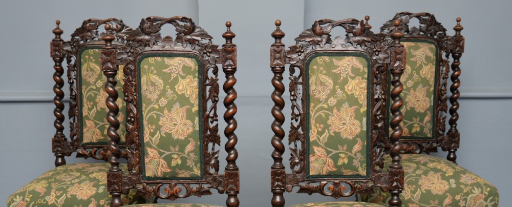 Set Of Four Carolean / Jacobean Style Carved Oak Dining Chairs View X