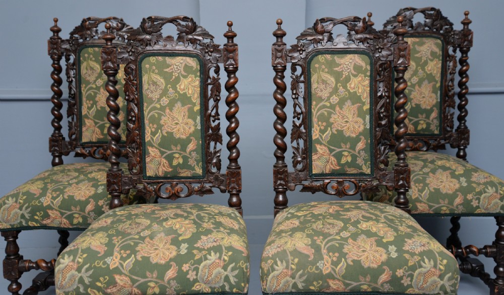 Set Of Four Carolean / Jacobean Style Carved Oak Dining Chairs View XI