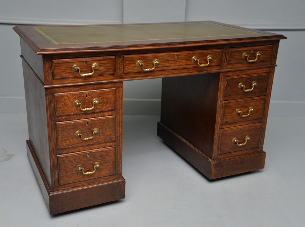 Victorian Solid Oak Leather Top Pedestal Writing Desk
