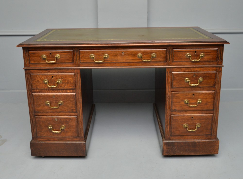 Victorian Solid Oak Leather Top Pedestal Writing Desk View II