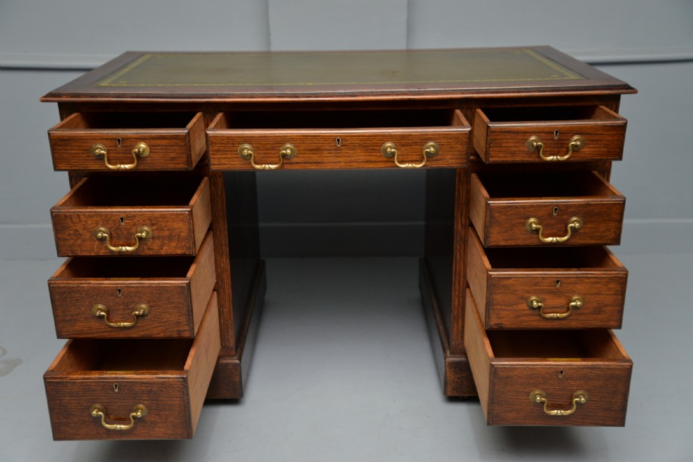 Victorian Solid Oak Leather Top Pedestal Writing Desk View III