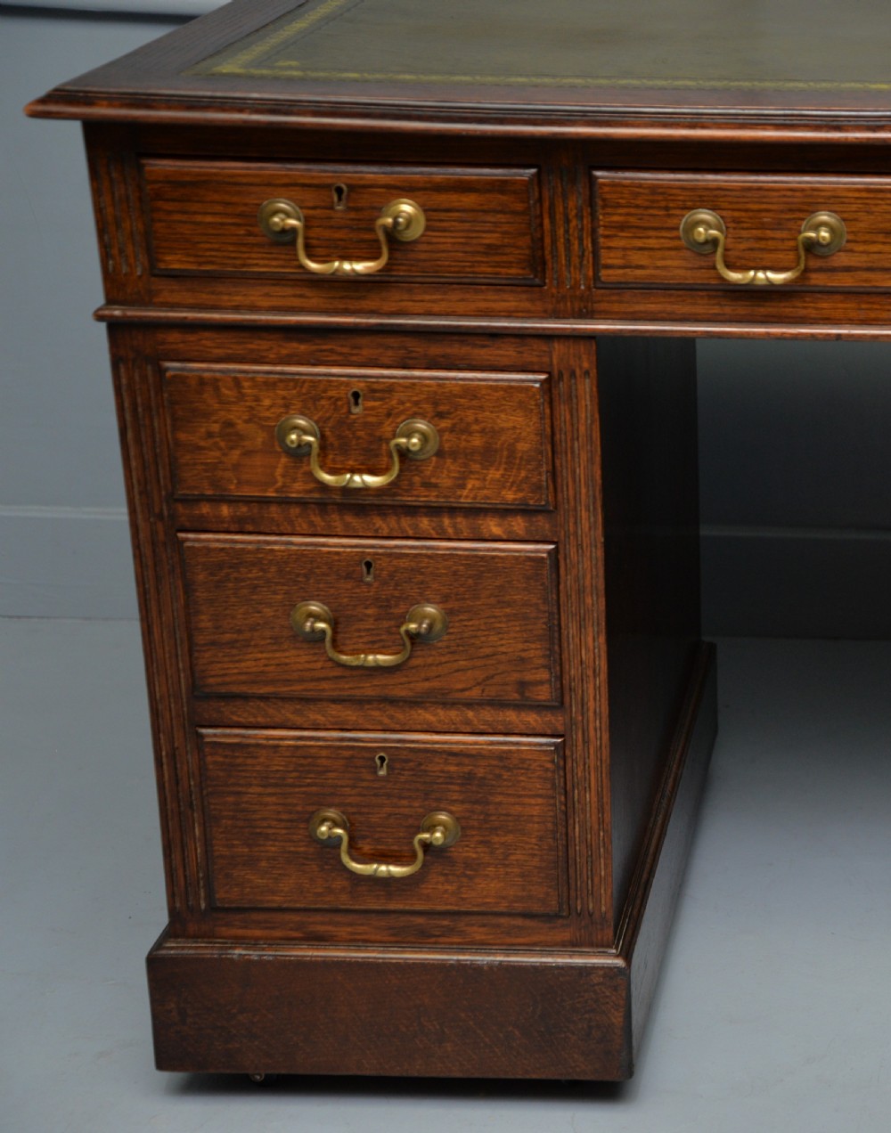 Victorian Solid Oak Leather Top Pedestal Writing Desk View V
