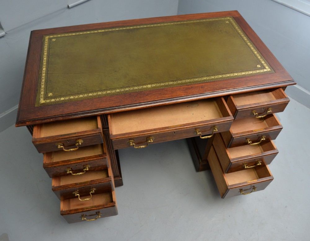 Victorian Solid Oak Leather Top Pedestal Writing Desk View X