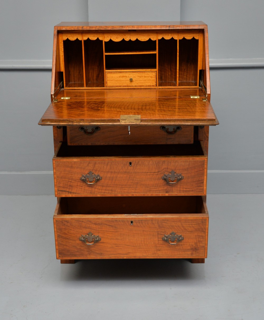 Small Georgian Revival Inlaid Satinwood Bureau Desk View X
