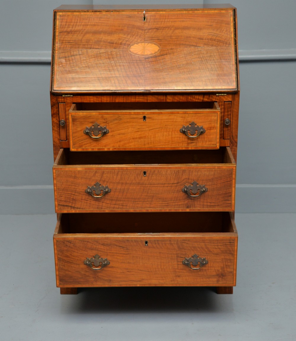 Small Georgian Revival Inlaid Satinwood Bureau Desk View XI