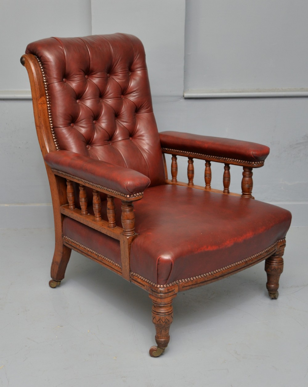 Victorian Oak Frame Red Leather Library, Occasional, Easy Armchair
