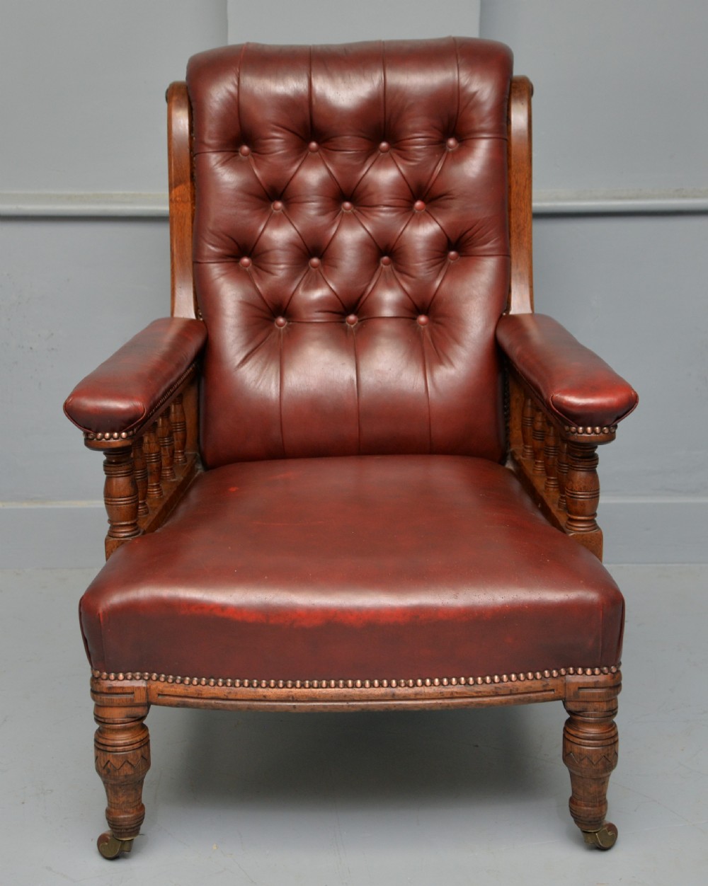 Victorian Oak Frame Red Leather Library, Occasional, Easy Armchair View II