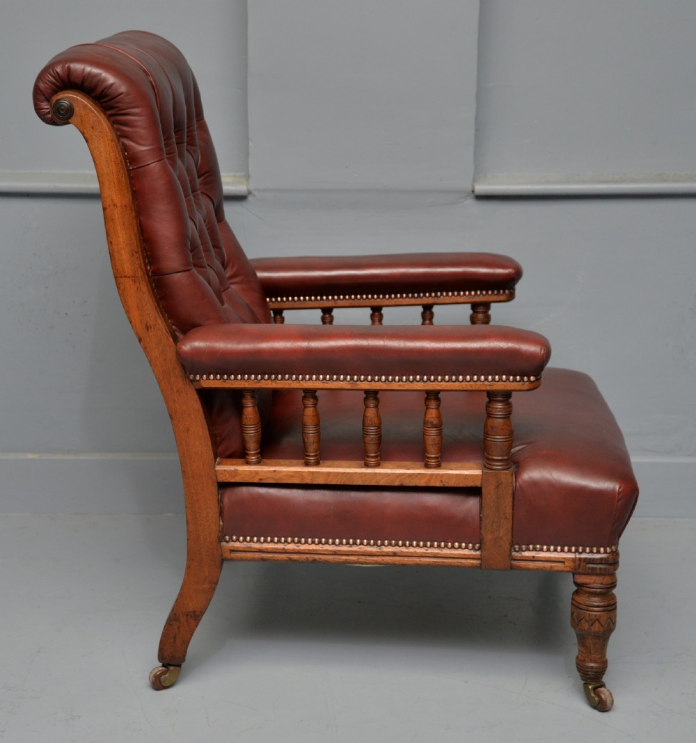 Victorian Oak Frame Red Leather Library, Occasional, Easy Armchair View III