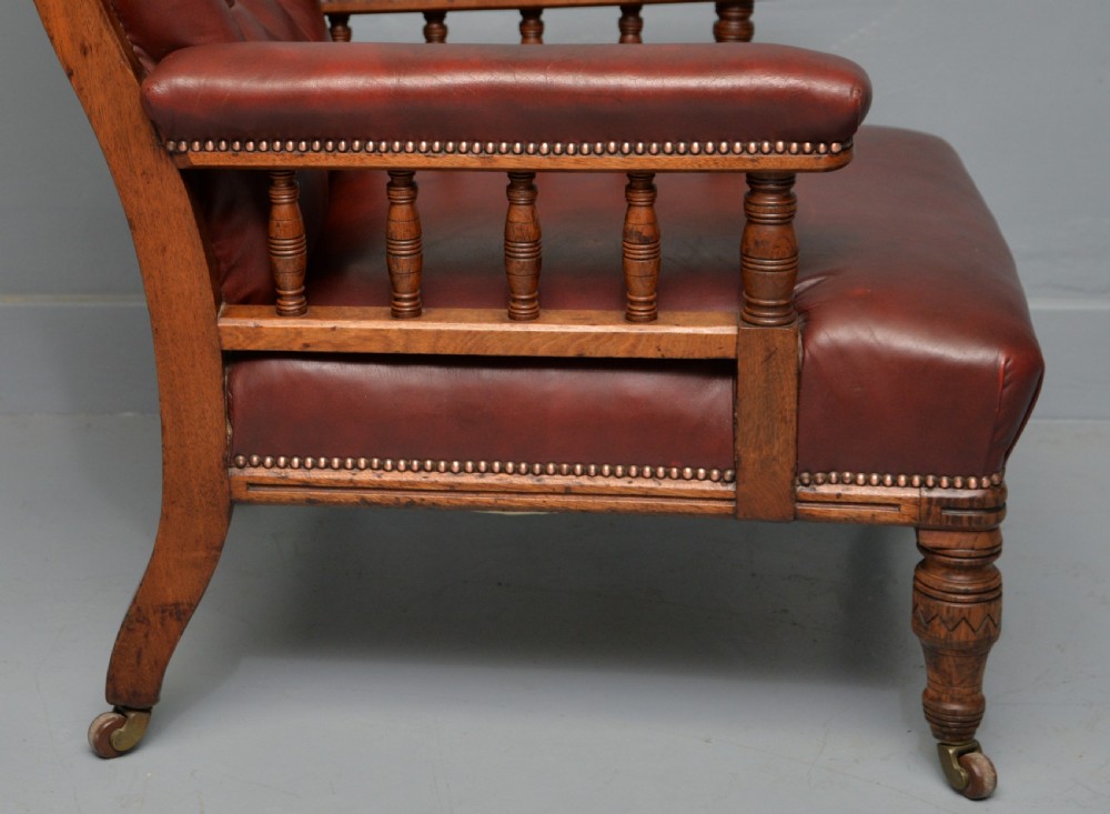 Victorian Oak Frame Red Leather Library, Occasional, Easy Armchair View IV