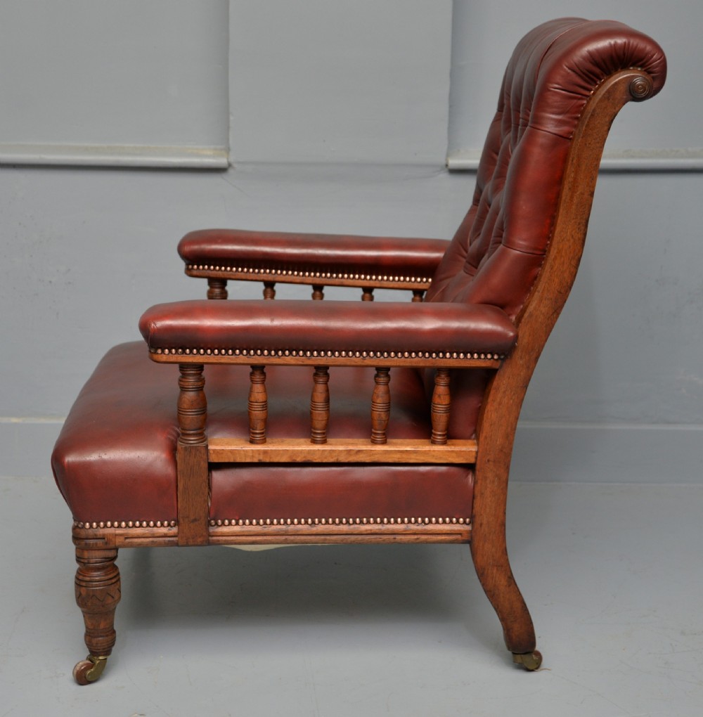 Victorian Oak Frame Red Leather Library, Occasional, Easy Armchair View VI