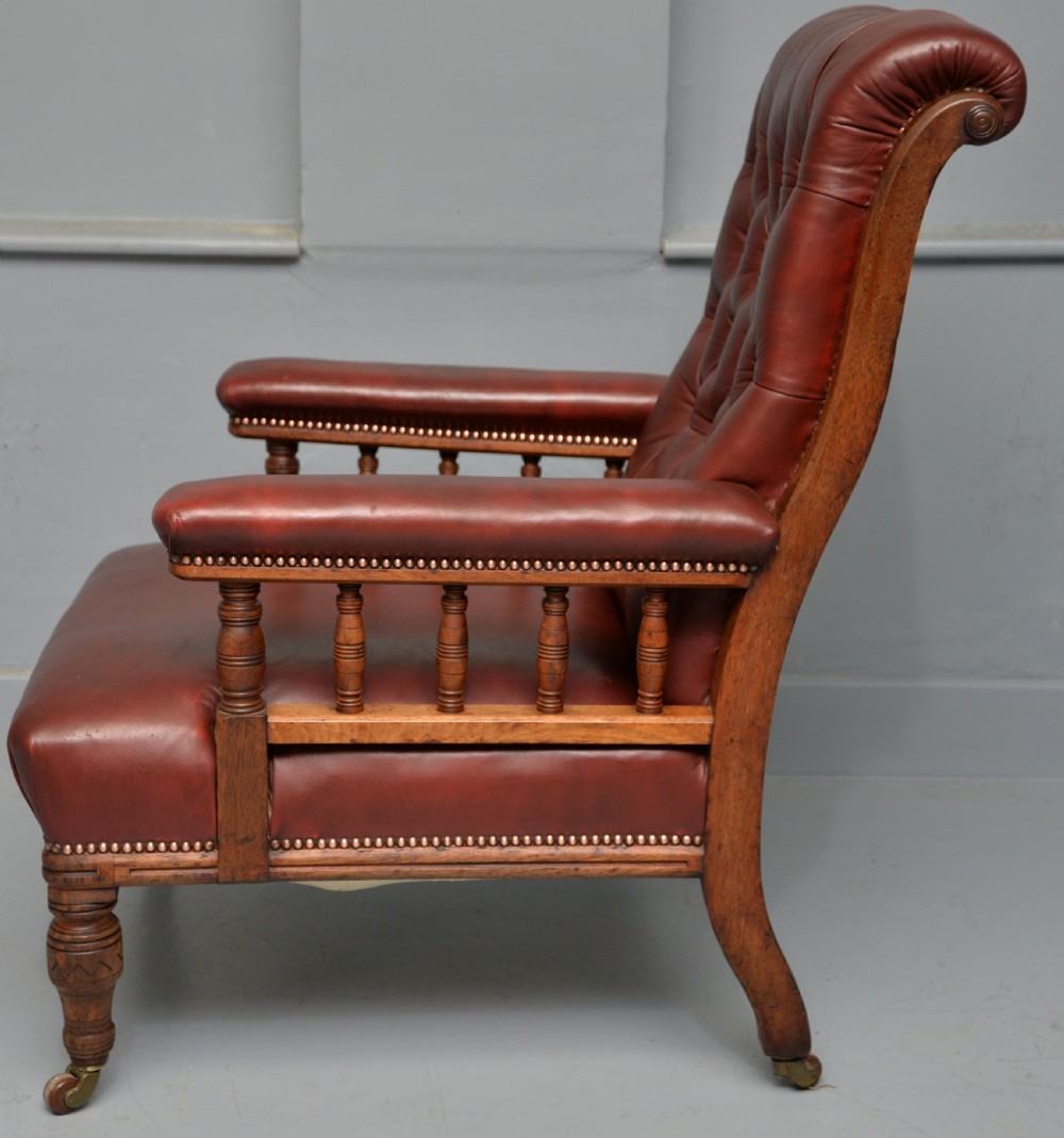 Victorian Oak Frame Red Leather Library, Occasional, Easy Armchair View VII