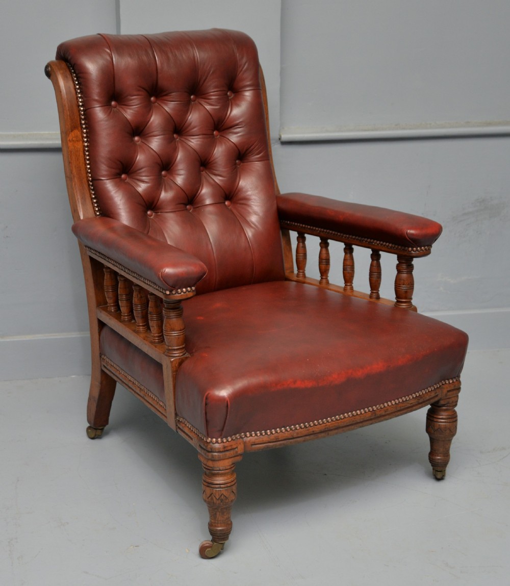 Victorian Oak Frame Red Leather Library, Occasional, Easy Armchair View VIII