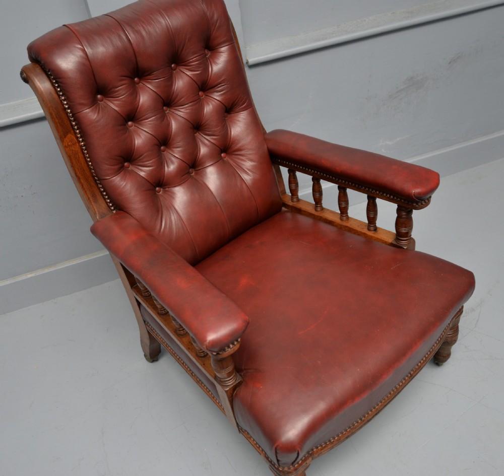 Victorian Oak Frame Red Leather Library, Occasional, Easy Armchair View IX