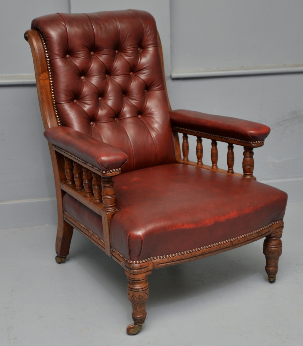 Victorian Oak Frame Red Leather Library, Occasional, Easy Armchair View X