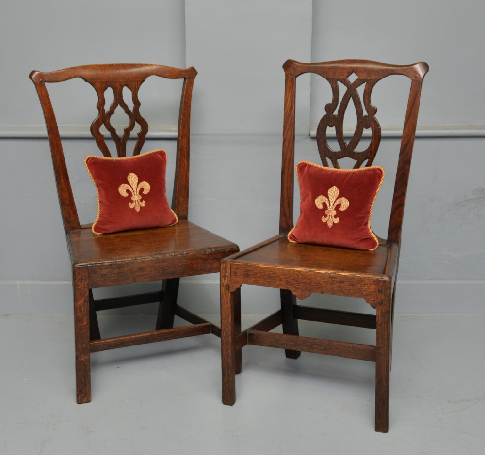 Matched Pair Of Georgian Oak Chippendale Country Side Chairs