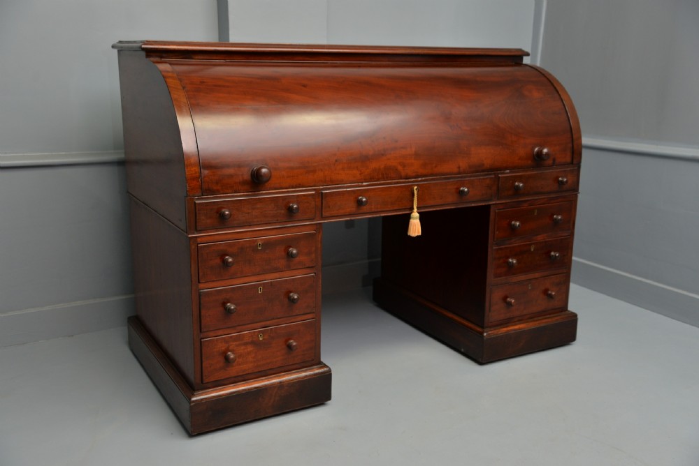 Handsome Victorian Roll-Top Mahogany Cylinder Pedestal Desk View XIX