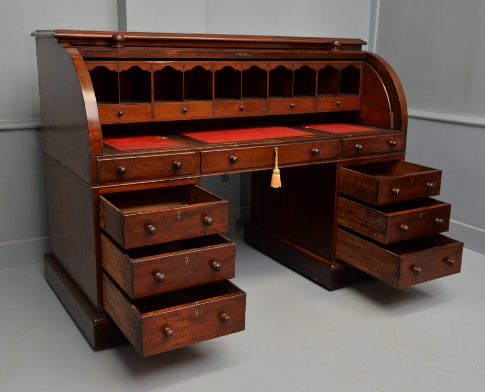 Handsome Victorian Roll-Top Mahogany Cylinder Pedestal Desk View XX