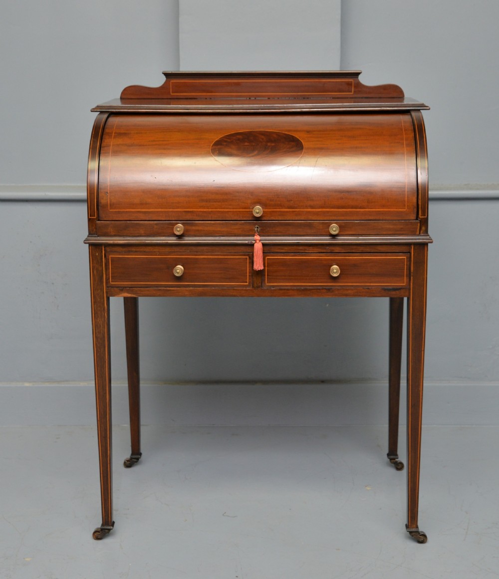 Edwardian Sheraton Revival Mahogany Cylinder Roll Top Desk View II