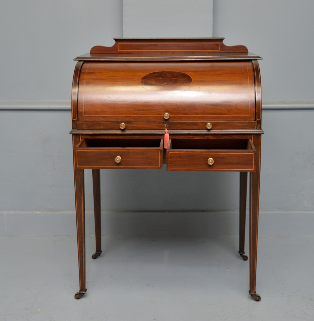 Edwardian Sheraton Revival Mahogany Cylinder Roll Top Desk View III