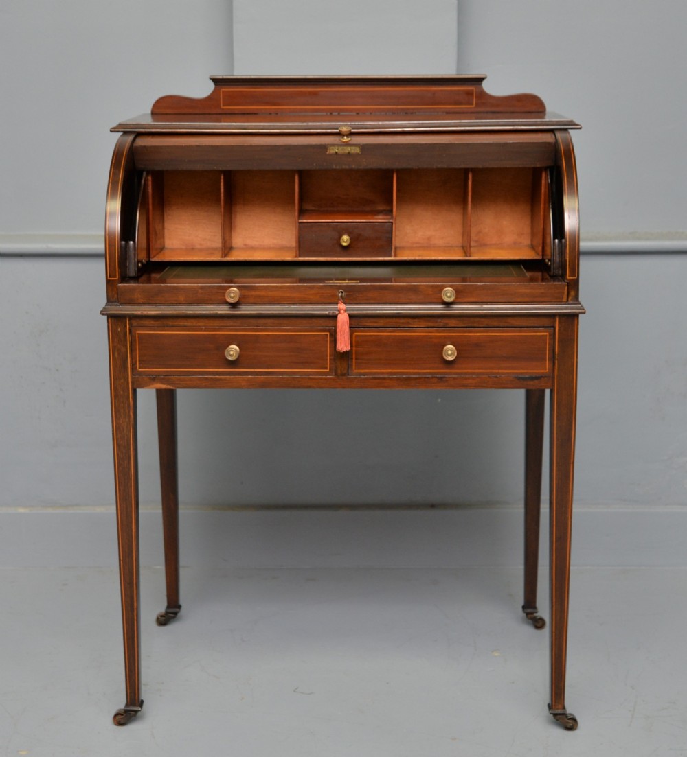 Edwardian Sheraton Revival Mahogany Cylinder Roll Top Desk View IV