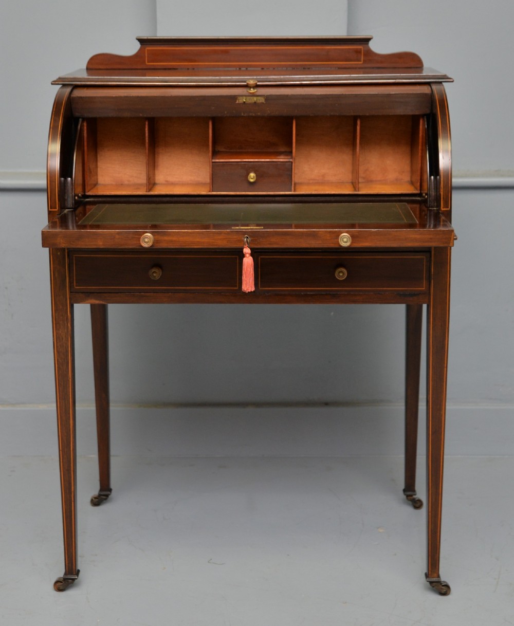 Edwardian Sheraton Revival Mahogany Cylinder Roll Top Desk View V