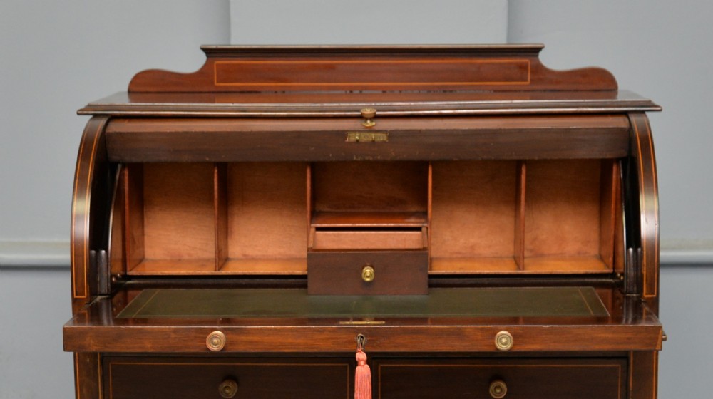 Edwardian Sheraton Revival Mahogany Cylinder Roll Top Desk View VI