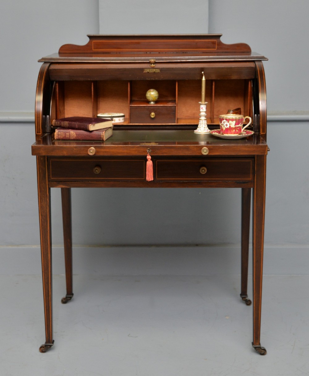 Edwardian Sheraton Revival Mahogany Cylinder Roll Top Desk View VII