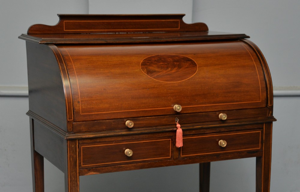 Edwardian Sheraton Revival Mahogany Cylinder Roll Top Desk View VIII