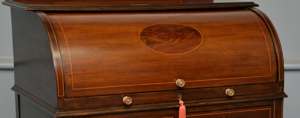 Edwardian Sheraton Revival Mahogany Cylinder Roll Top Desk View IX