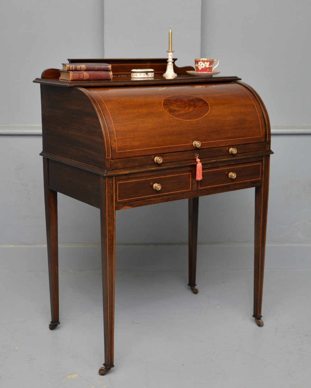 Edwardian Sheraton Revival Mahogany Cylinder Roll Top Desk View X
