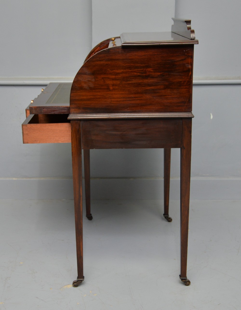 Edwardian Sheraton Revival Mahogany Cylinder Roll Top Desk View XIV