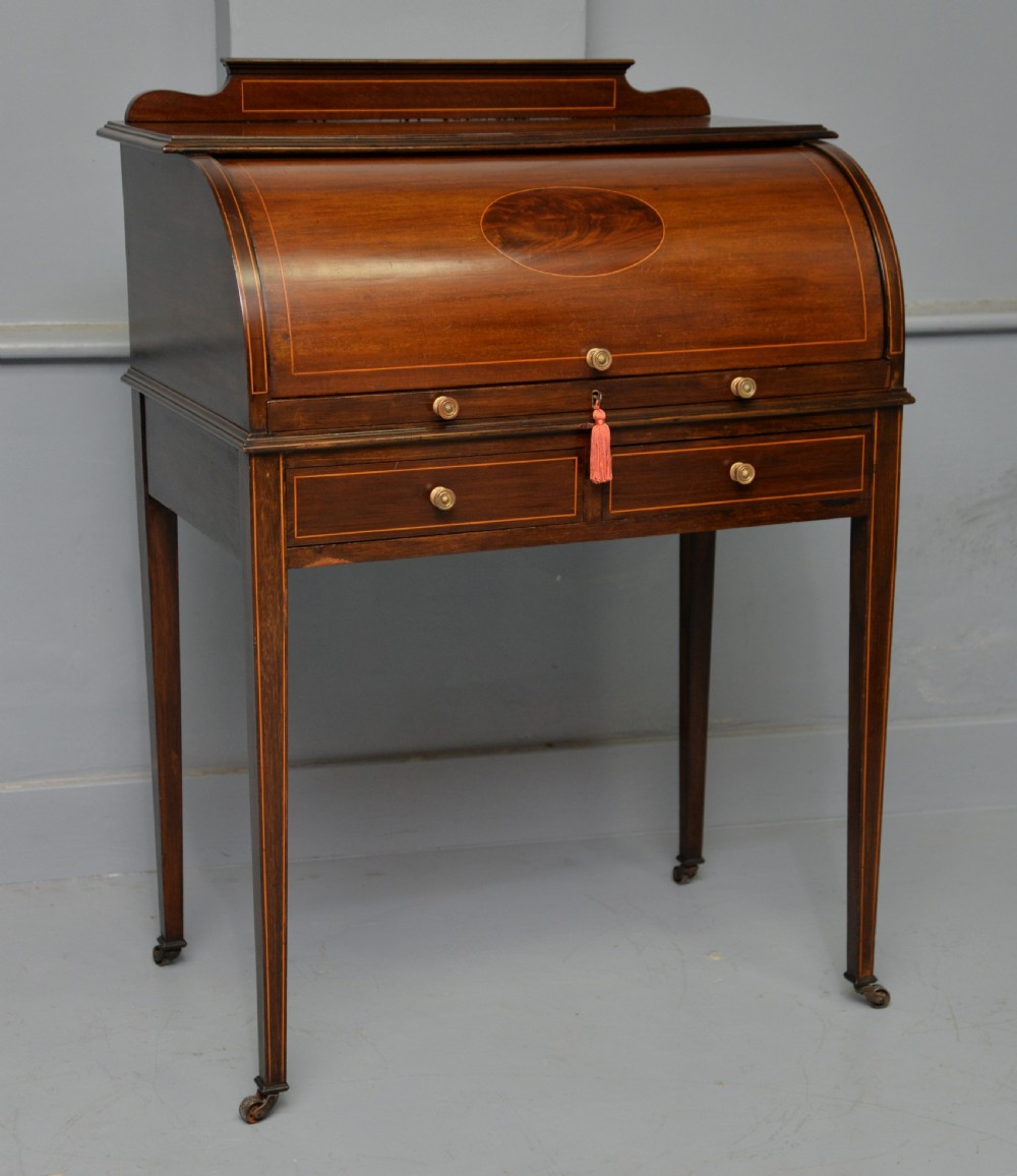 Edwardian Sheraton Revival Mahogany Cylinder Roll Top Desk View XV